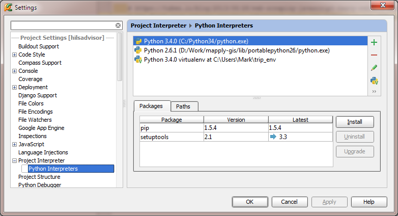 pycharm env editor, showing executables