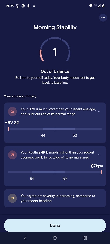 Visible app showing RHR/HRV changes